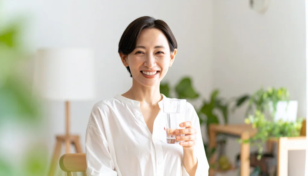 室内で笑う女性　健康