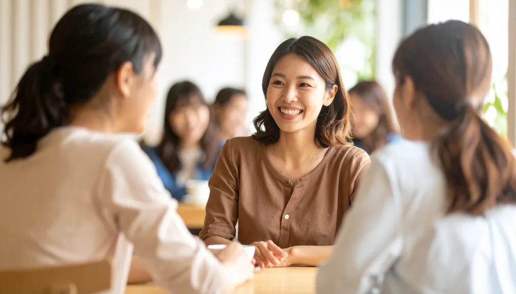 友人と談笑する女性